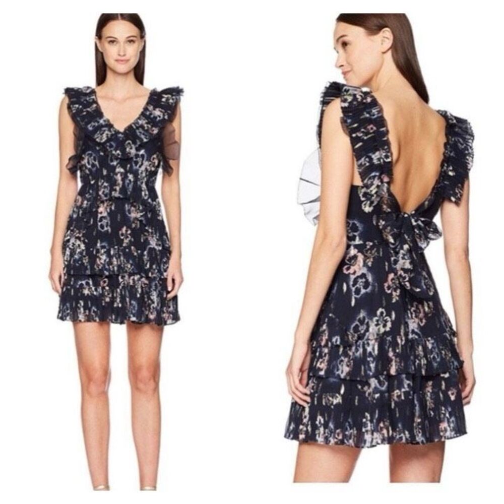Rebecca Taylor Navy Floral Silk Metallic Flutter Sleeve Tiered Party Dress Size